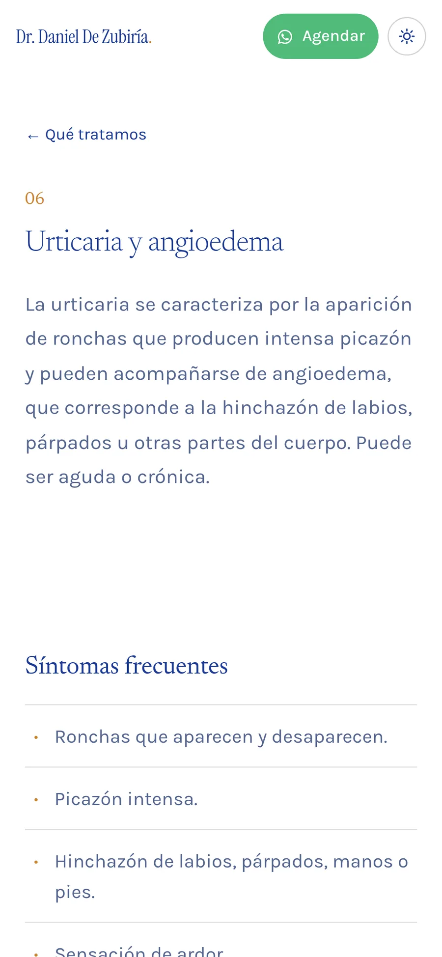 Hives and angioedema page on a phone