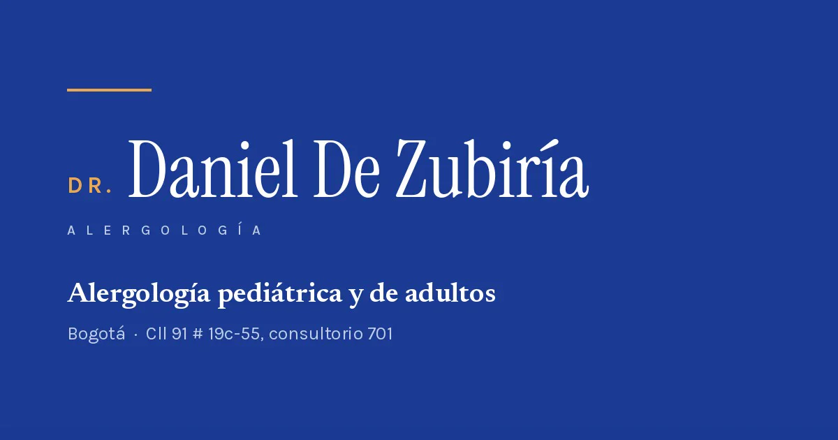 Dr. Daniel De Zubiría, allergy specialist in Bogotá: navy brand card with the typographic logo