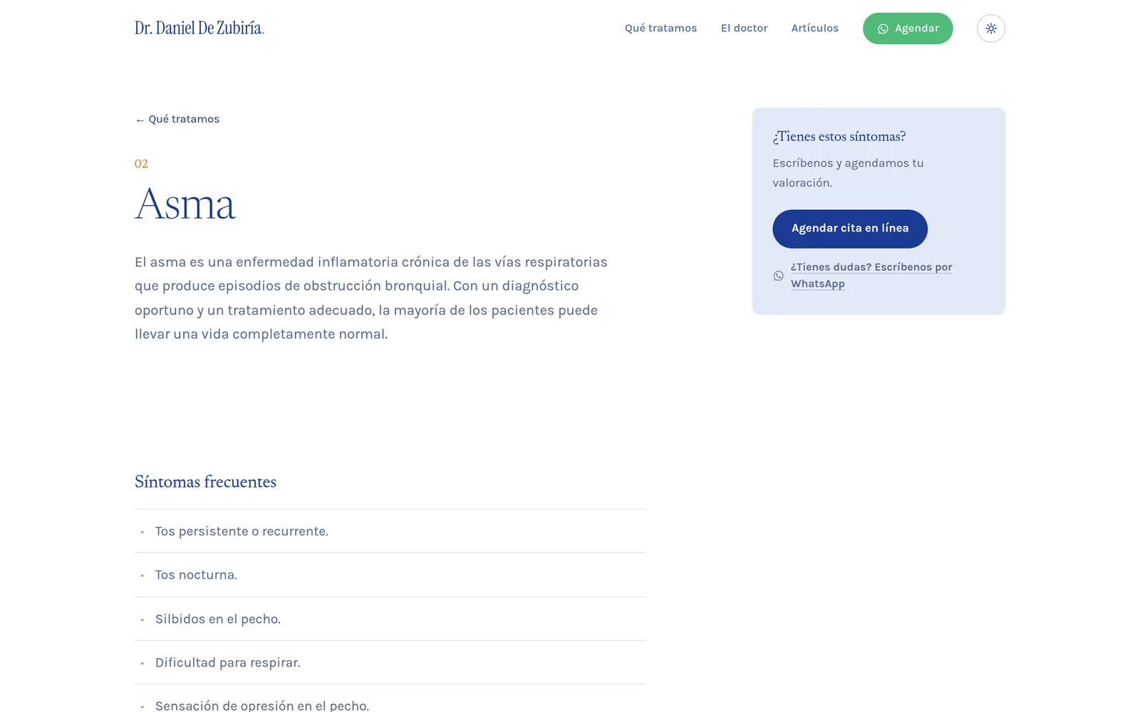 Asthma condition page with its own booking card