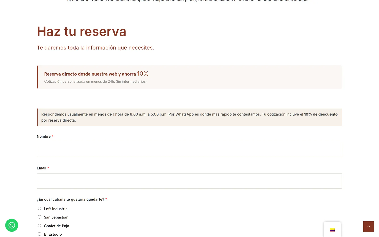 Direct booking request form with the 10% discount