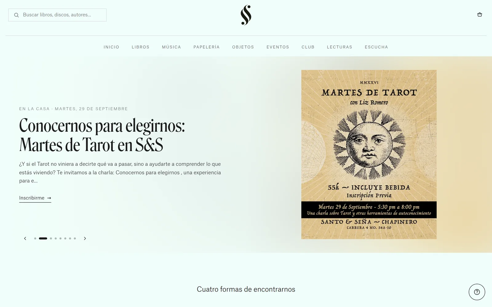 Santo & Seña home page: search, sections and the event of the week
