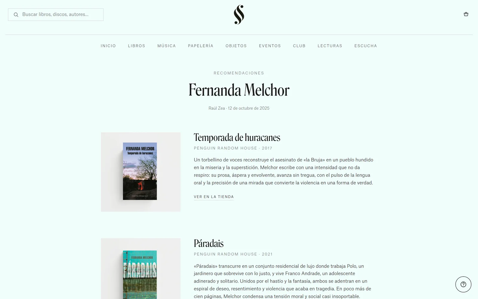 Reading recommendations page for Fernanda Melchor