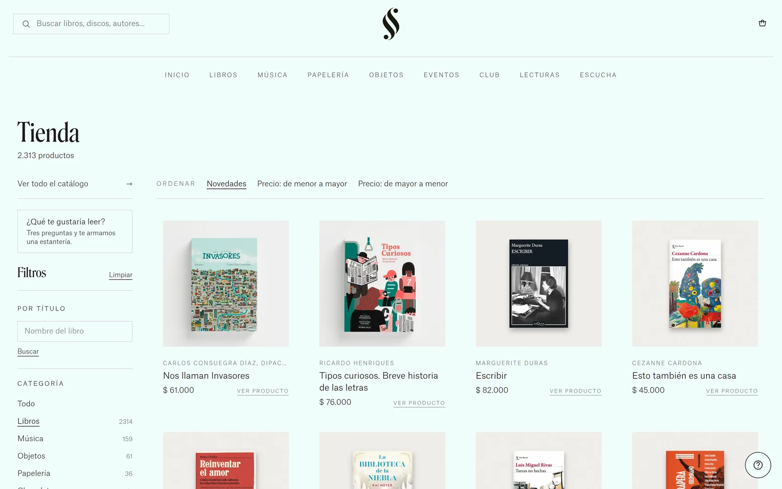 Santo & Seña shop with category filters and sorting