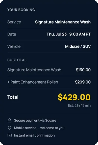 Booking summary with the service, add-ons and total, paid securely through Square