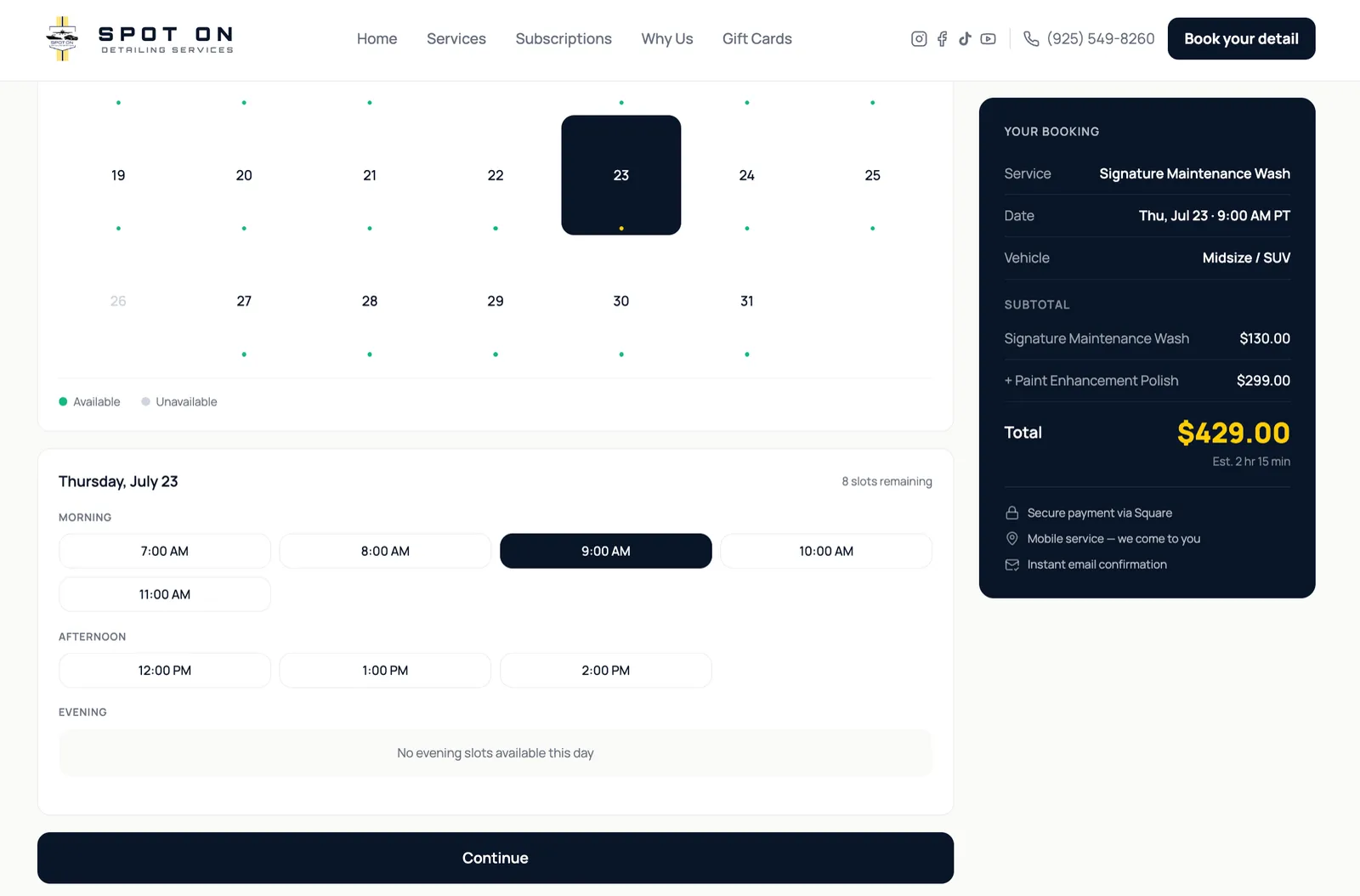 Calendario de disponibilidad de Spot On con horarios en tiempo real