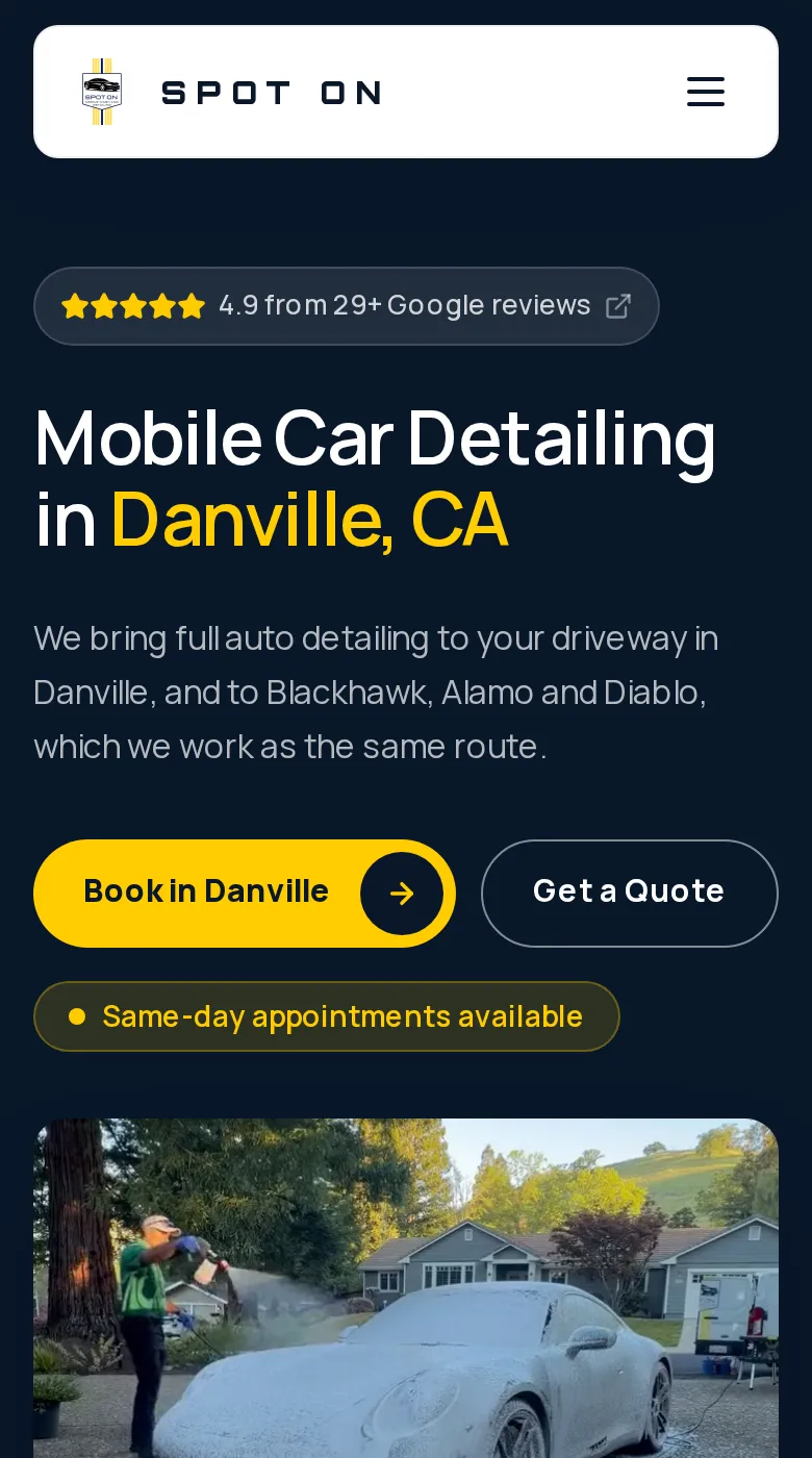 Spot On city page for Danville, with its own booking button and real work