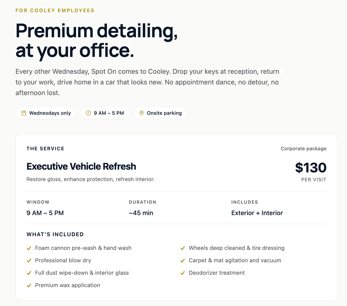 Página del programa corporativo de Spot On para detailing en la oficina